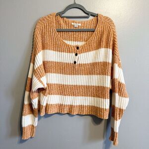 American Eagle Orange Cream Striped Chunky Knit Sweater Cropped Henley Size L